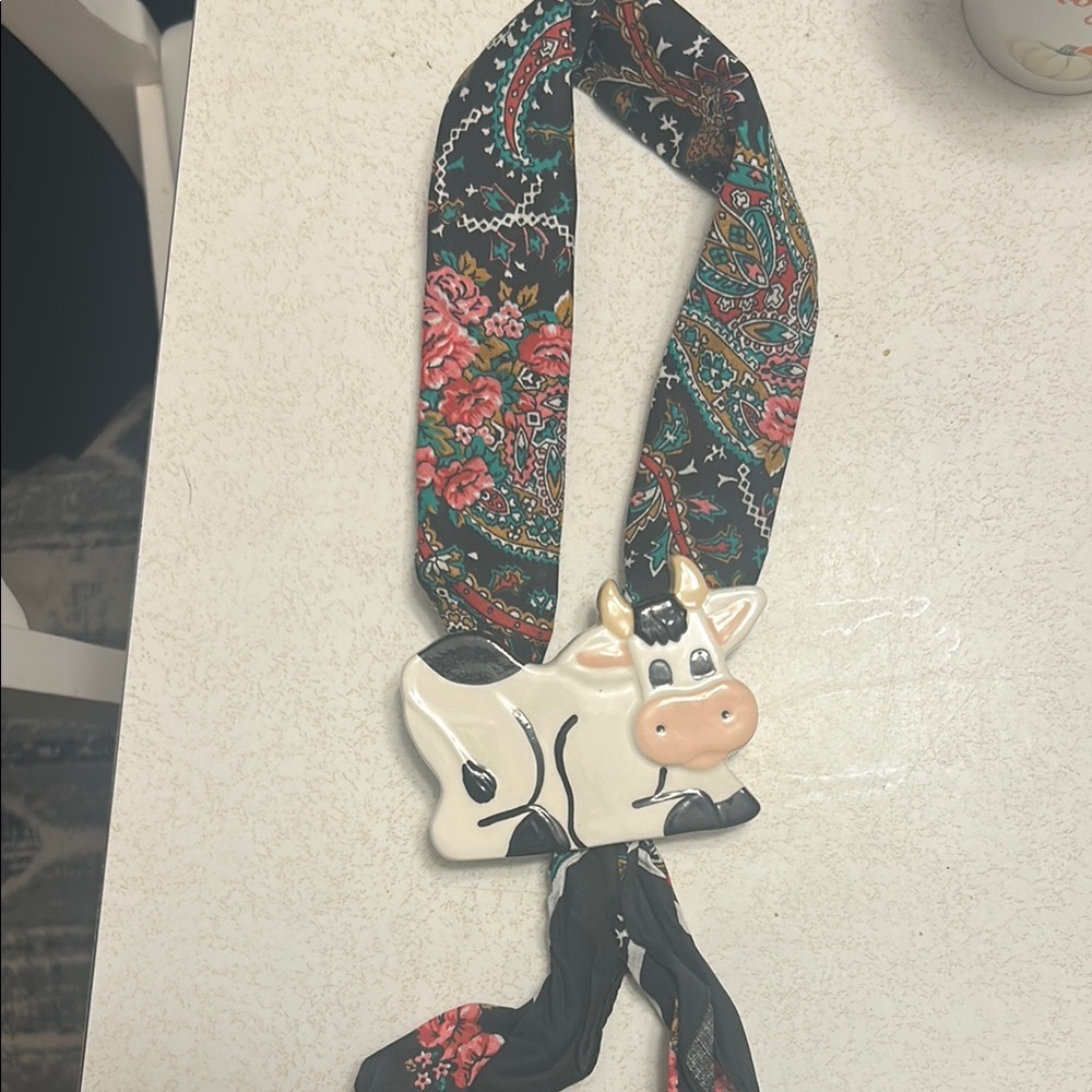Floral Black and Red Scarf with Ceramic Cow Ornament